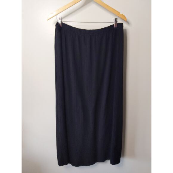 Eileen Fisher Large Black Crinkle Rayon Maxi Skirt Elastic Waist USA Made - Picture 2 of 9